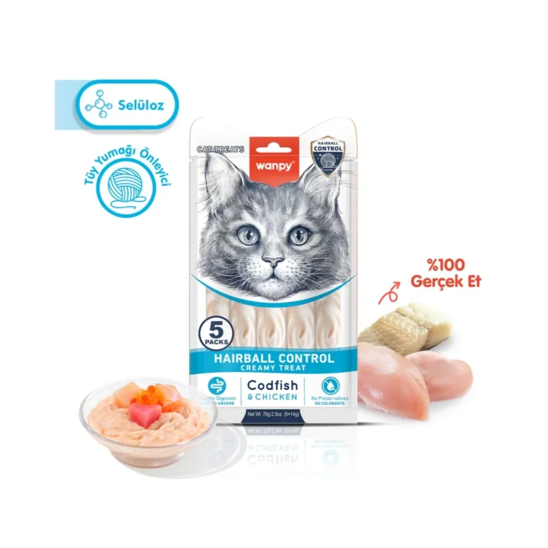 Wanpy Hairball Control morina balığı ve tavuk kremalı kedi ödülü, 5x14g tüp ambalaj
