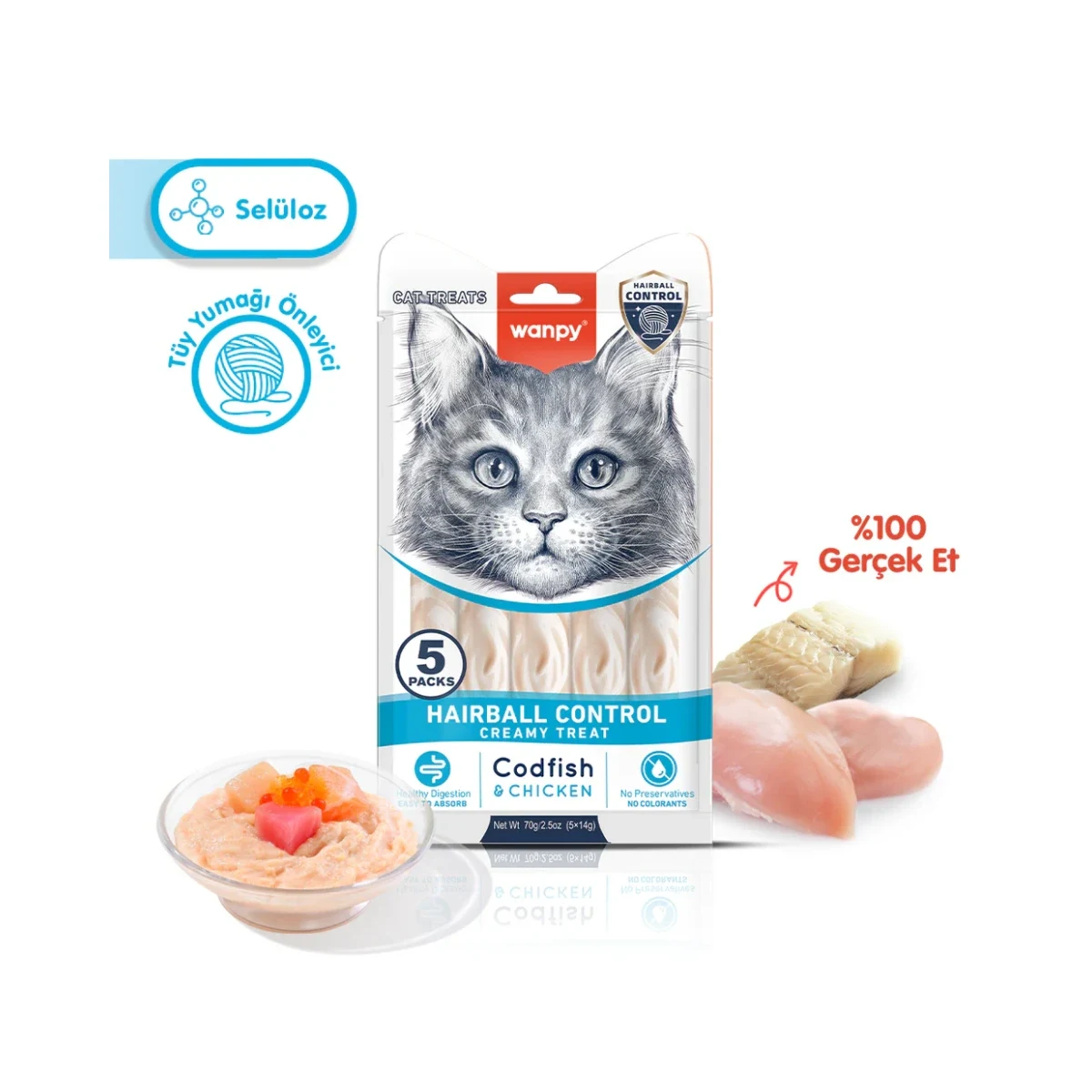 Wanpy Hairball Control Morina balığı&Tavuk Krema Ödül 5x14g Kedi Wanpy Hairball Control morina balığı ve tavuk kremalı kedi ödülü, 5x14g tüp ambalaj