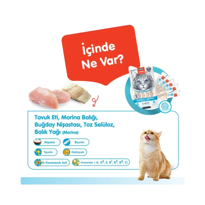 Wanpy Hairball Control krema ödül tüp içeriği morina balığı ve tavuk aromalı kedi ödülü