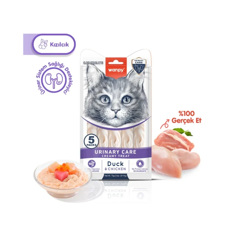 Wanpy Urinary Care Ördek & Tavuk Krema Kedi Ödülü 5x14g, idrar yolu sağlığını destekleyen kremamsı atıştırmalık