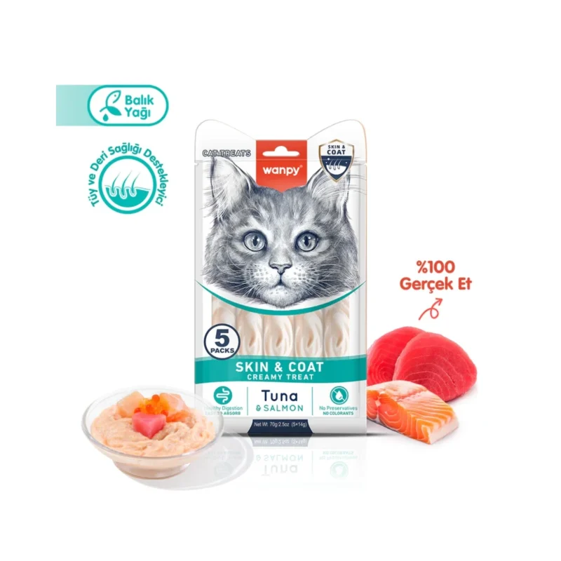 Wanpy Skin&Coat ton balığı ve somon kremalı kedi ödülü 5x14g, sağlıklı deri ve tüy için