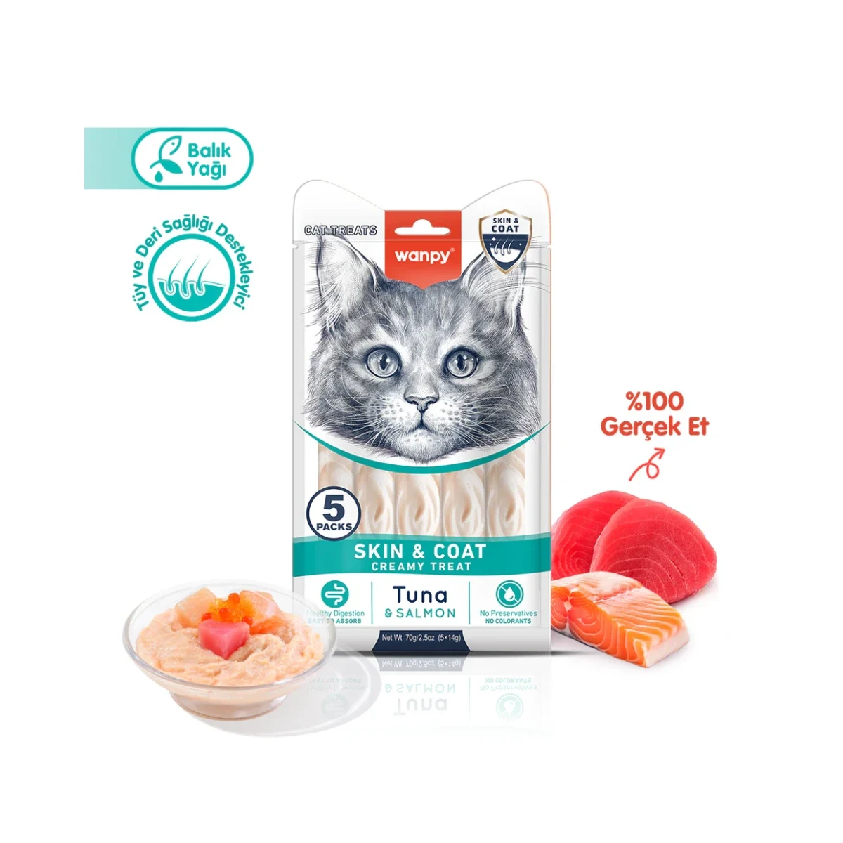 Wanpy Skin&Coat Ton Balığı&Somon Krema Ödül 5x14g Kedi Wanpy Skin&Coat ton balığı ve somon kremalı kedi ödülü 5x14g, sağlıklı deri ve tüy için