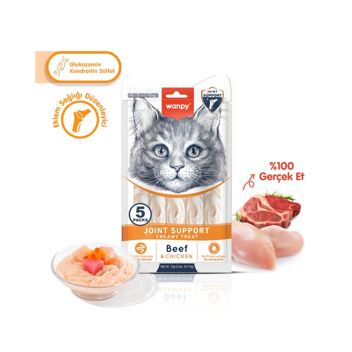 Wanpy Bone Support Sığır Eti&Tavuk Krema Ödül 5x14g Kedi Wanpy Bone Support sığır eti ve tavuk kremalı köpek ödülü, 5x14g eklem destekli atıştırmalık