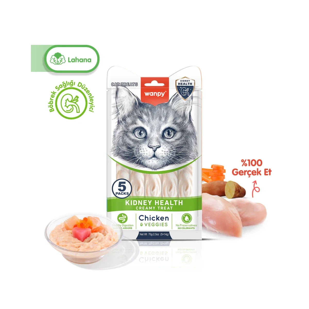 Wanpy Kidney Health Tavuk&Sebze Krema Ödül 5x14g Kedi Wanpy Kidney Health tavuk ve sebzeli krema kedi ödülü 5x14g, böbrek sağlığını destekler
