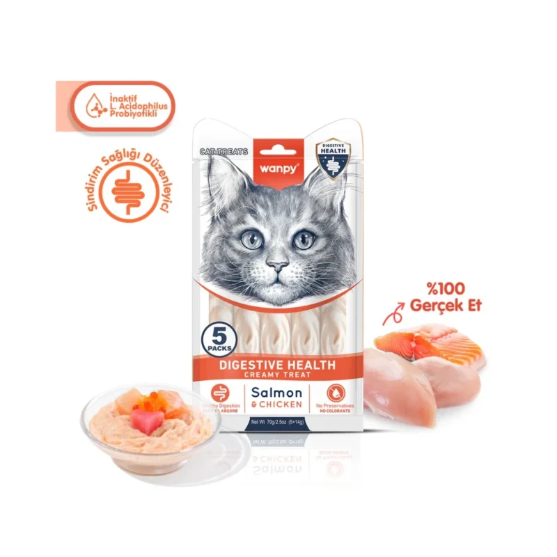 Wanpy Digestive Health somon balığı ve tavuk aromalı kedi krema ödülü, 5x14g sindirim destekli atıştırmalık