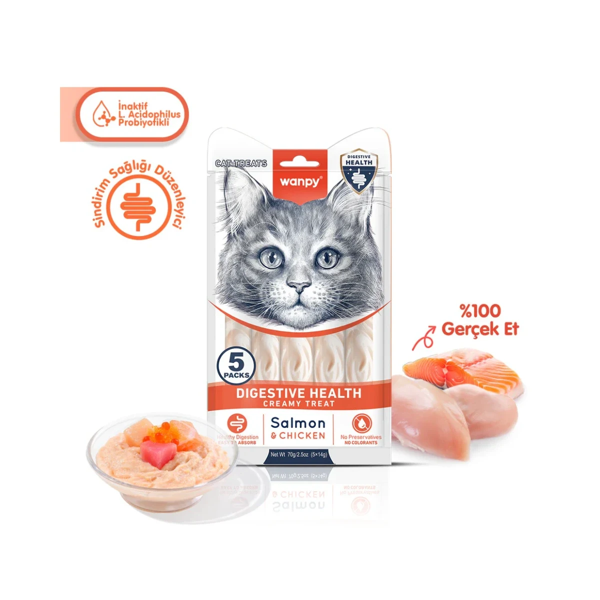 Wanpy Digestive Health Somon Balığı&Tavuk Krema Ödül 5x14g Kedi Wanpy Digestive Health somon balığı ve tavuk aromalı kedi krema ödülü, 5x14g sindirim destekli atıştırmalık
