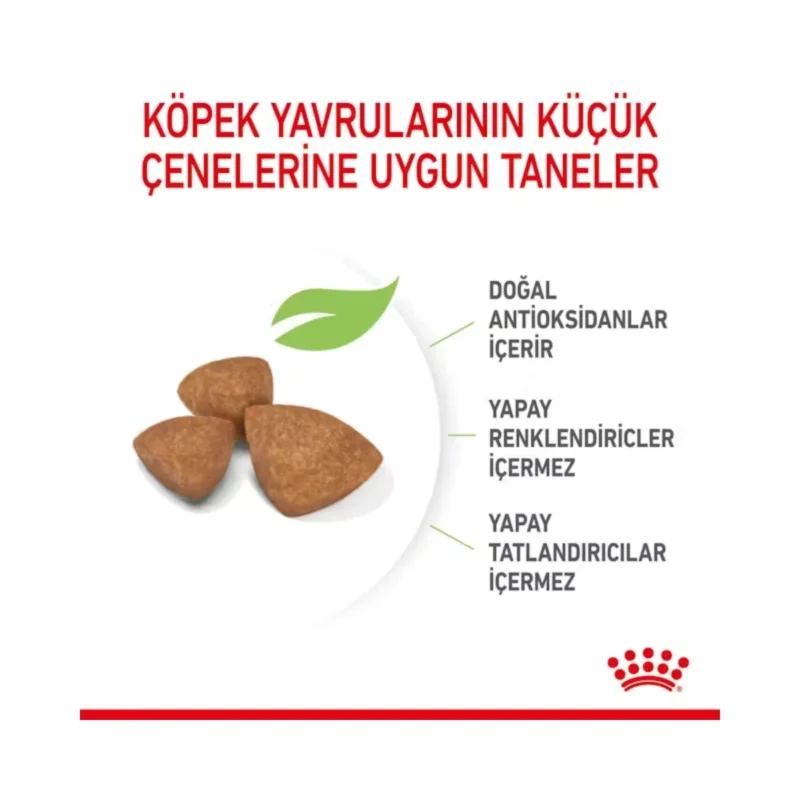 Royal Canin XSmall yavru köpek maması 1,5 kg ambalajının arka yüzü ve besin değerleri tablosu
