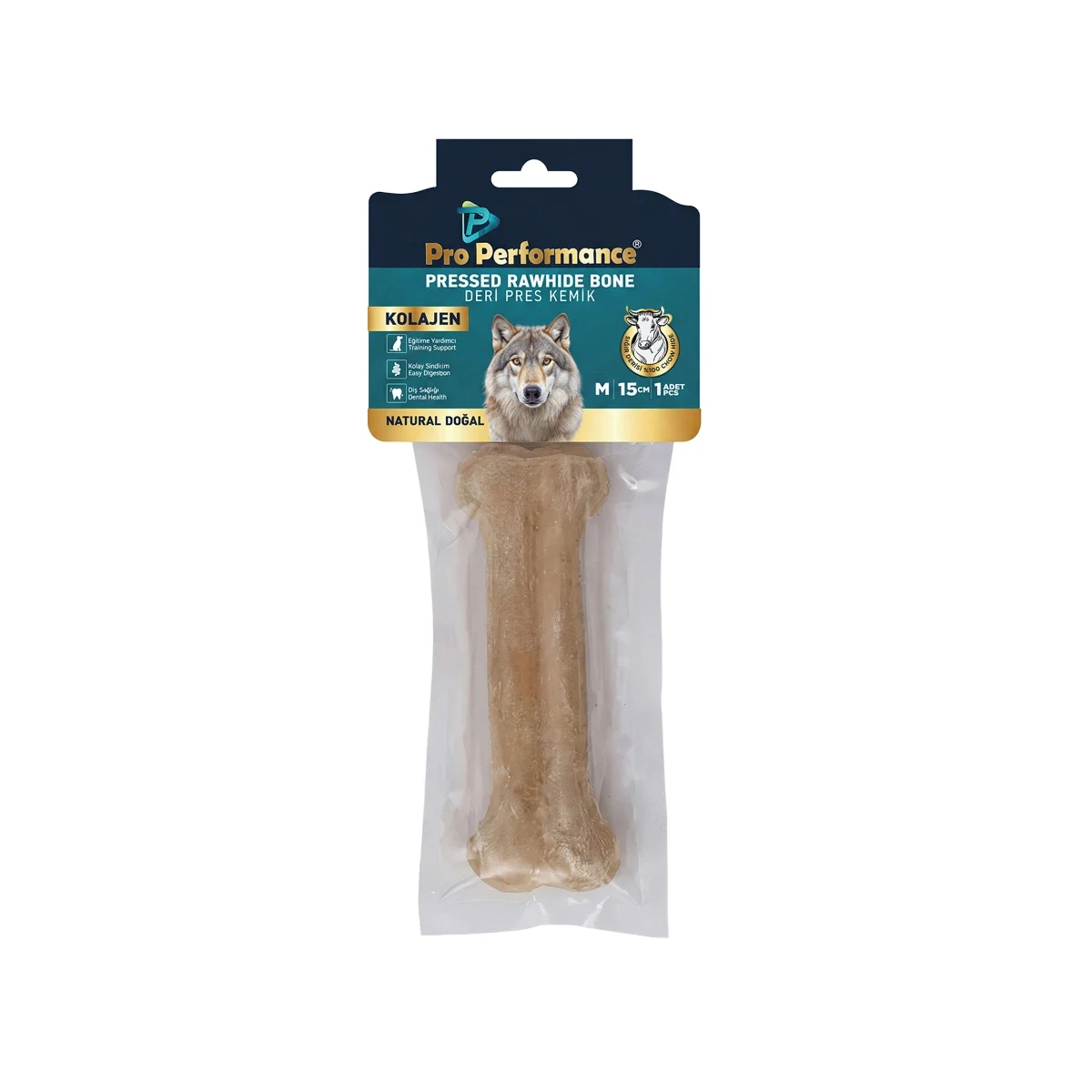 Pro Performance Deri Pres Kemik Naturel M 15 cm Köpek Pro Performance naturel deri pres kemiği, M beden 15 cm, profesyonel kullanım için dayanıklı ve ergonomik tasarım.