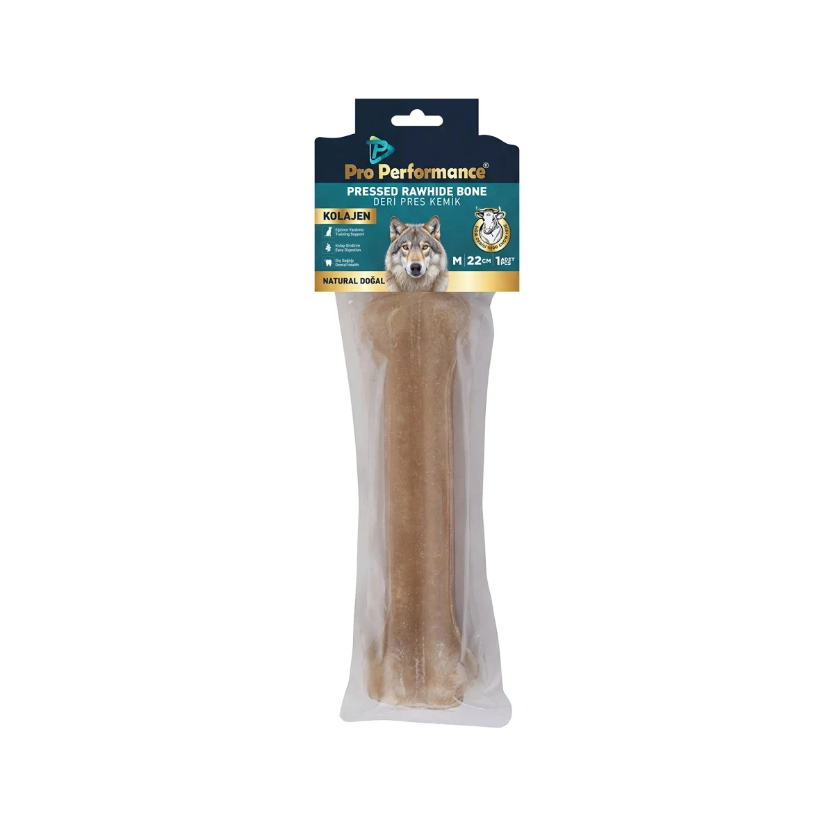 Pro Performance Deri Pres Kemik Naturel M 22 cm Köpek Pro Performance Deri Pres Kemik Naturel M 22 cm – Köpekler için doğal kolajenli, sindirilir çiğneme kemiği
