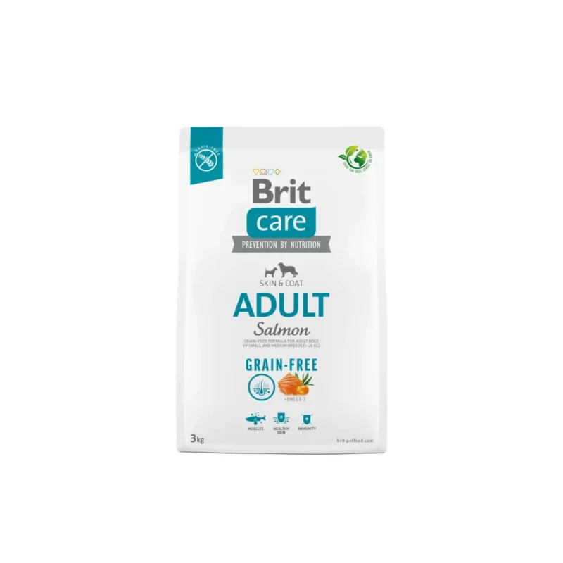 Brit Care Adult Salmon Skin & Coat 3 kg kedi maması ambalajı arka görünümü