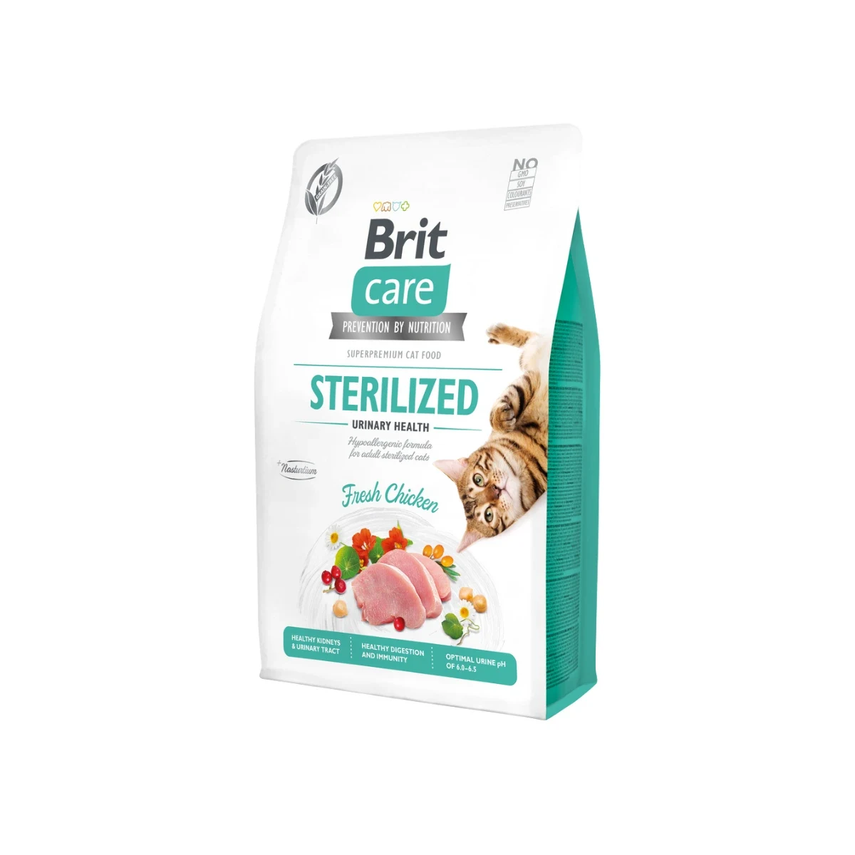 Brit Care İdrar Yolu Problemi Olan Kısırlaştırılmış Kediler İçin, Tahılsız, Hipoalerjenik, Taze Tavuk Etli Kuru Mama 2 kg Kedi Brit Care Sterilised Urinary tahılsız kısırlaştırılmış kedi maması 2 kg, idrar yolu sağlığını destekler.
