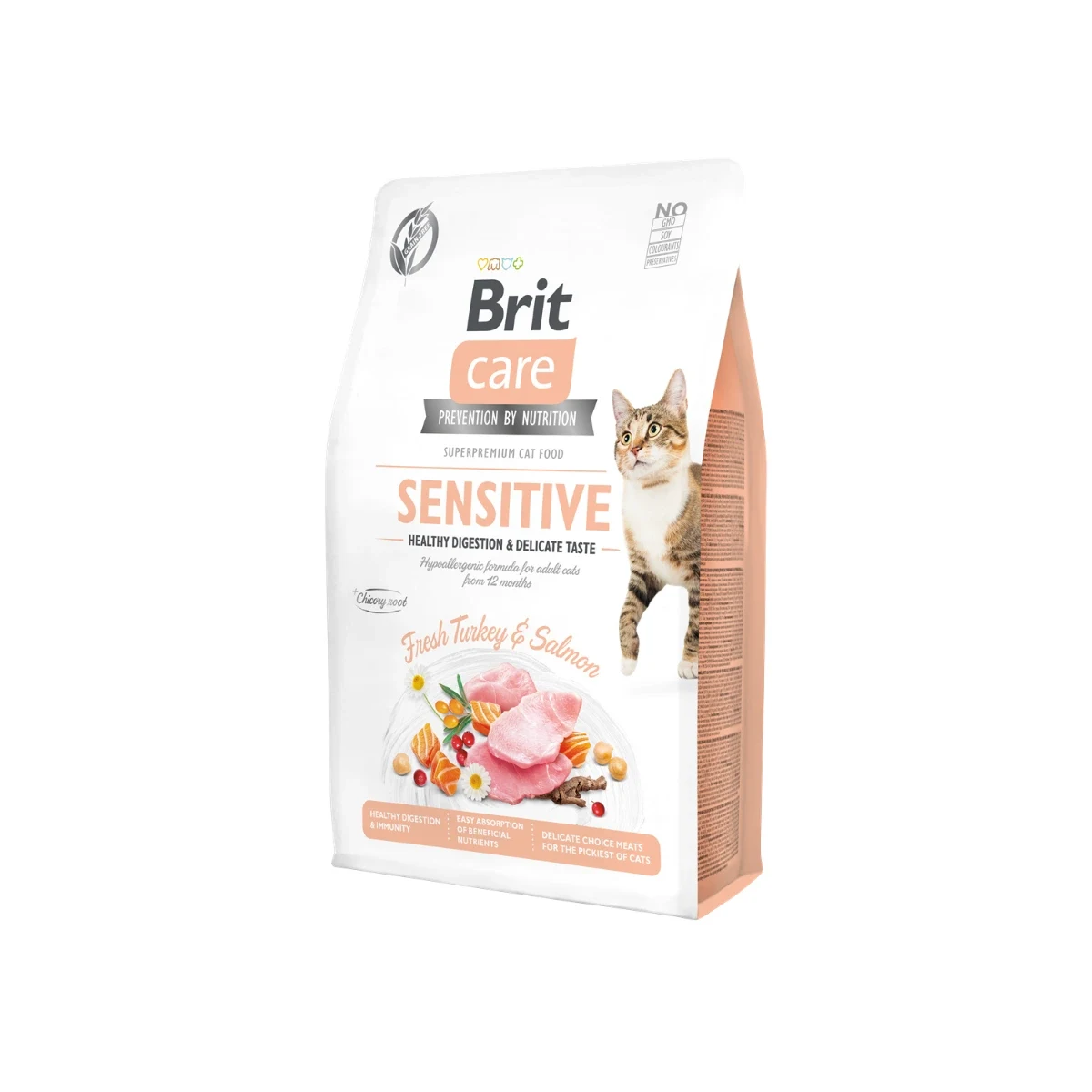 Brit Care Yetişkin Hassas Kediler İçin, Tahılsız, Hipoalerjenik, Taze Hindi Etli Ve Somonlu Kuru Mama 2 kg Kedi Brit Care Sensitive Healthy Digestion tahılsız yetişkin kedi maması 2 kg, hassas sindirim için özel formül