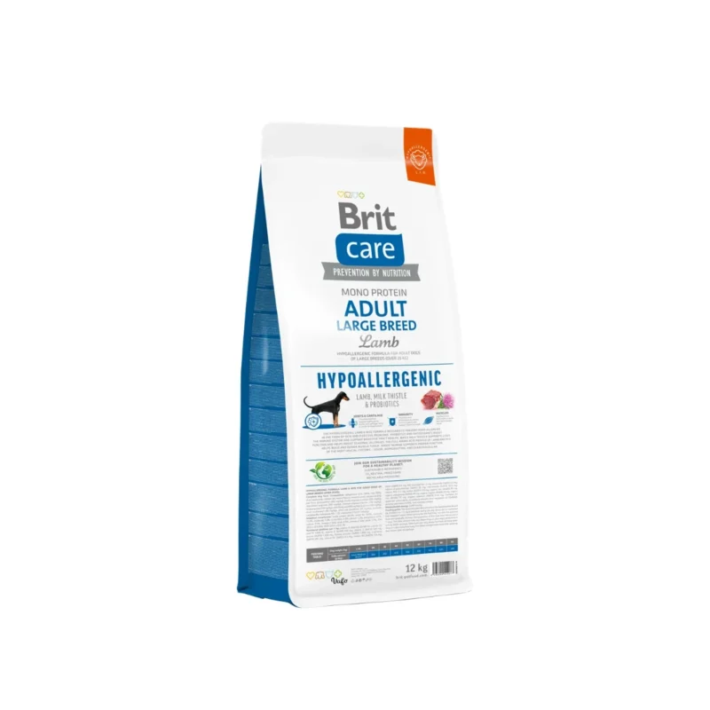 Brit Care kuzu etli hipoalerjenik köpek maması 12 kg ambalajının yan görünümü