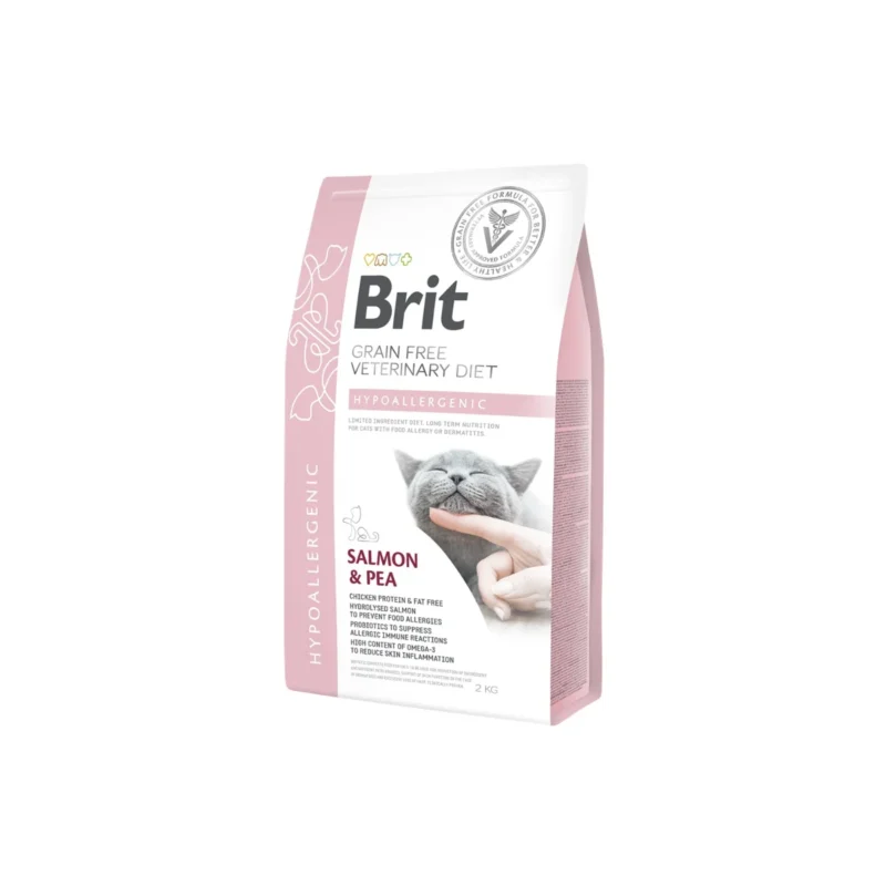 Brit Veterinary Diet Hypoallergenic somonlu bezelyeli kedi maması 2 kg, hassas kediler için veteriner diyeti