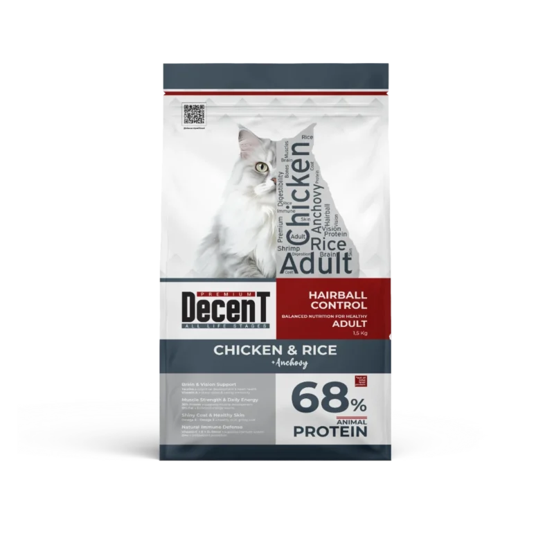 Decent Tavuklu Yetişkin Kedi Maması 1,5 kg – hayvansal protein, tüy yumağı kontrolü ve kolay sindirim