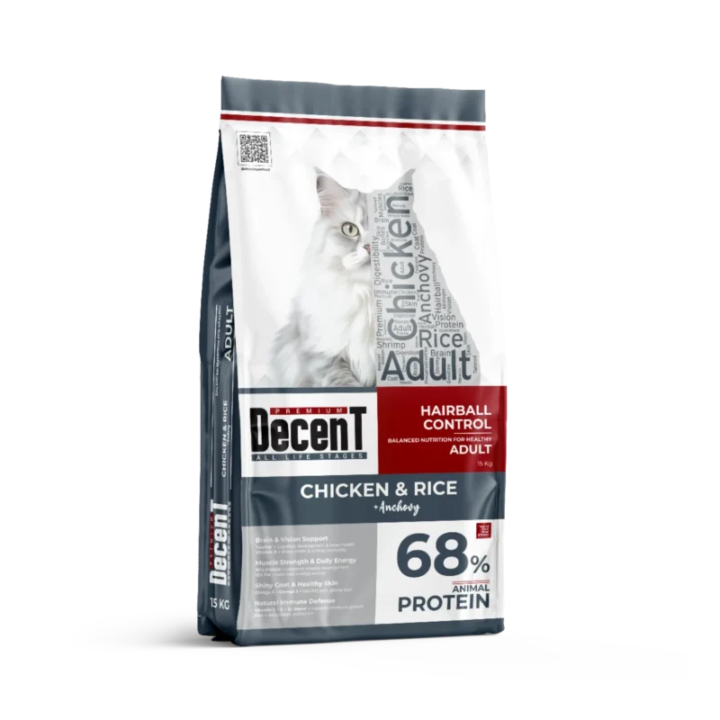 Decent Tavuklu Yetişkin Kedi Maması 15 kg – Tüy yumağı kontrolü ve hassas sindirim için yüksek proteinli formül