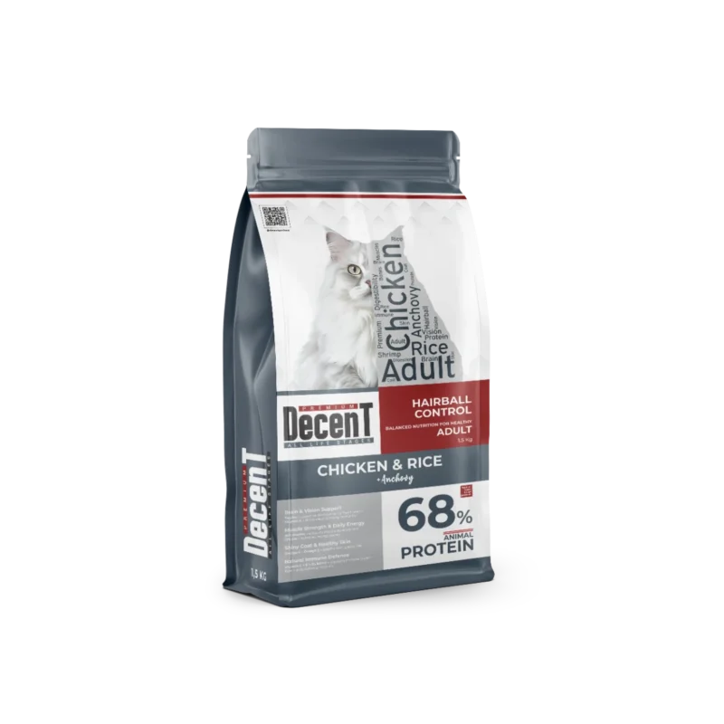Decent Tavuklu Yetişkin Kedi Maması 1,5 kg – Tüy Yumağı Kontrolü ve Hassas Sindirim için Yüksek Proteinli Formül