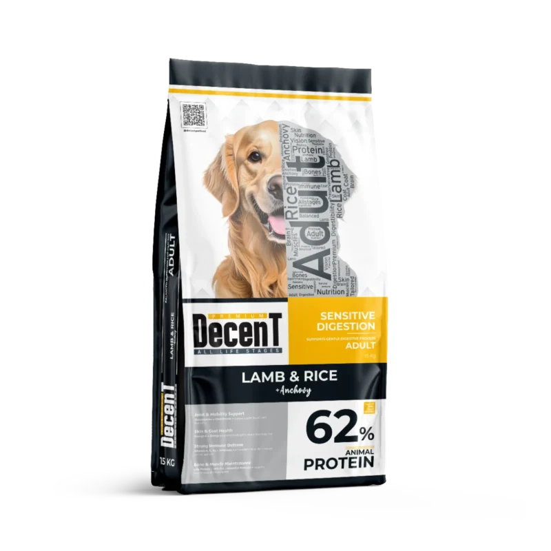 Decent kuzu etli pirinçli köpek maması – hassas sindirim için ideal, parlak tüy ve güçlü kas desteği