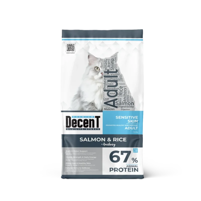 Decent Somonlu Yetişkin Kedi Maması 15 kg – hayvansal proteinli, Omega-3 destekli sağlıklı tüy ve sindirim formülü