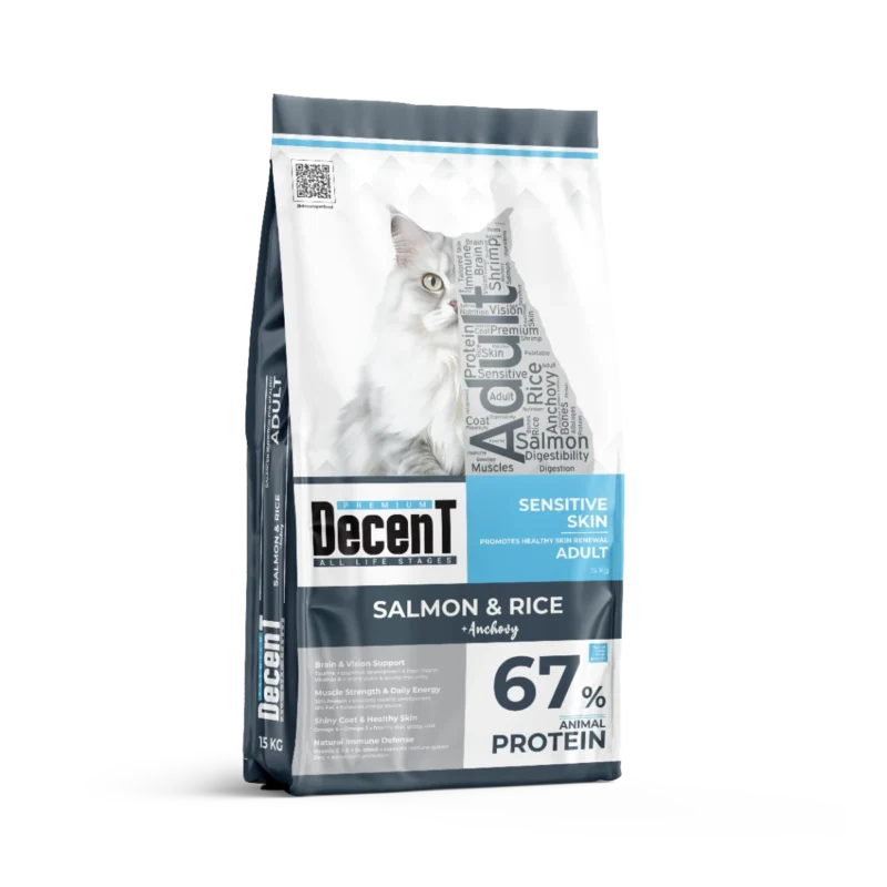 Decent Somonlu Yetişkin Kedi Maması 15 kg – hayvansal protein, Omega-3 ile sağlıklı tüy ve kolay sindirim