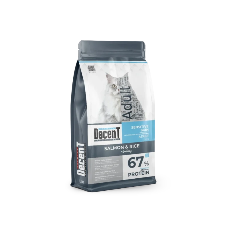 Decent Somonlu Yetişkin Kedi Maması 1,5 kg – Omega-3 destekli, hayvansal proteinli üçlü balık formülü