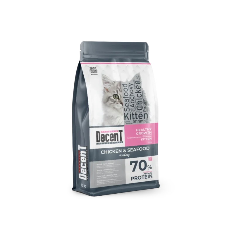 Decent tavuklu yavru kedi maması 1,5 kg – omega-3 ve DHA ile bağışıklık, beyin gelişimi ve sağlıklı büyümeyi destekler.