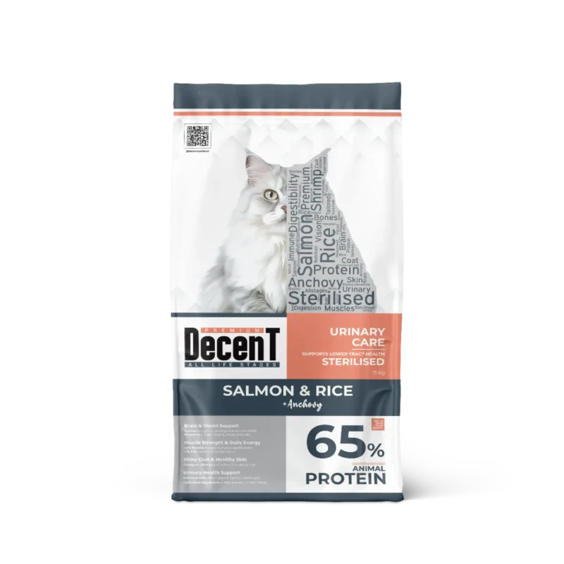 Decent Somonlu Kısırlaştırılmış Yetişkin Kedi Maması 15 kg – hayvansal protein, üriner sistem bakımı ve omega-3 içerir.