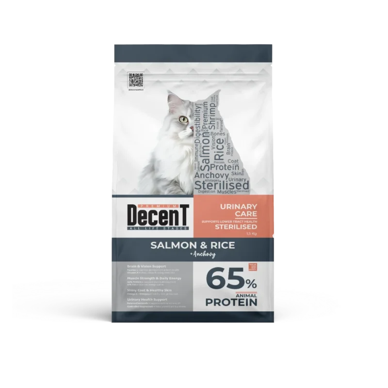 Decent Somonlu Kısırlaştırılmış Yetişkin Kedi Maması 1,5 kg – hayvansal protein, üriner bakım ve parlak tüy formülü
