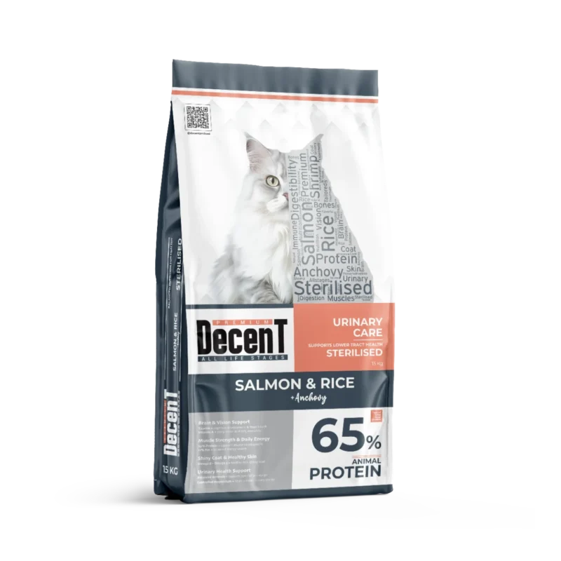 Decent Somonlu Kısırlaştırılmış Kedi Maması 15 kg – Somon yağı ve omega-3 ile parlak tüy desteği