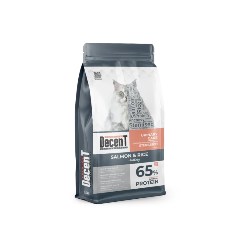 Decent Somonlu Kısırlaştırılmış Kedi Maması – Üriner bakım formülü ve hayvansal protein ile sağlıklı beslenme