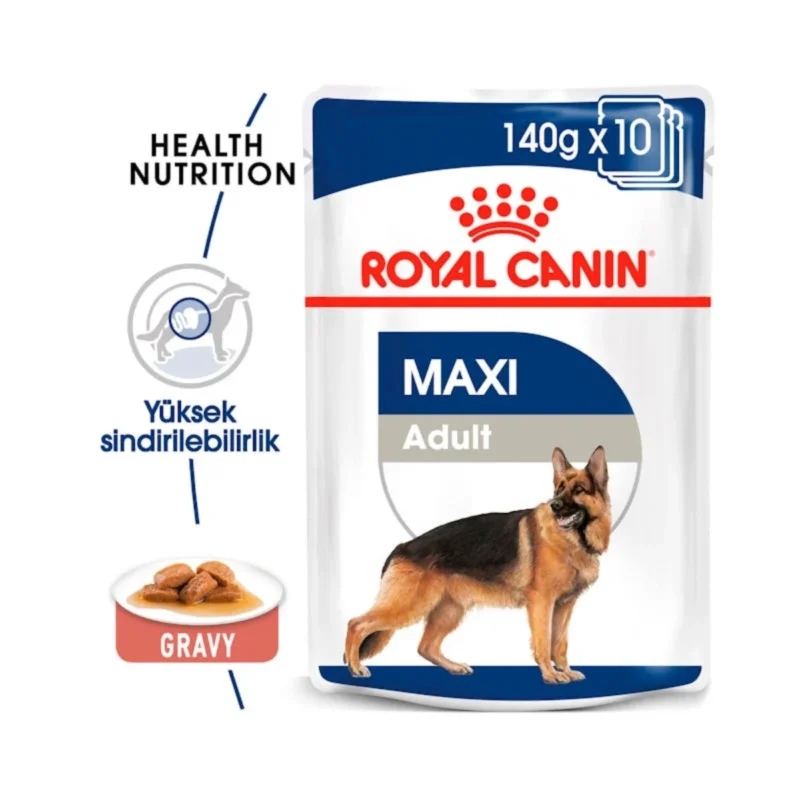 Royal Canin Maxi Adult 140g yaş mama içeriği ve besin değerlerini gösteren arka panel görseli