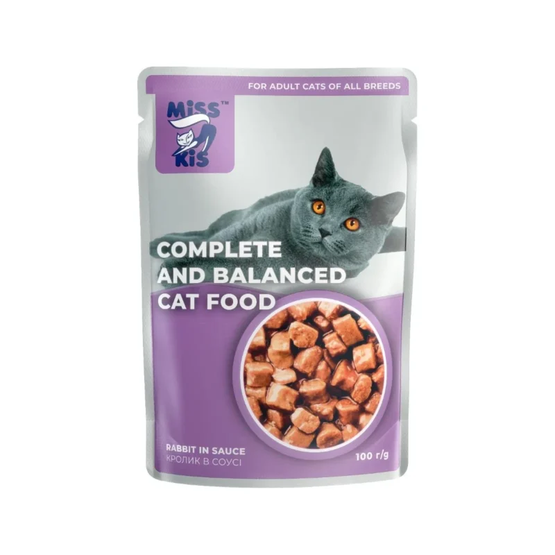 Miss Kis sos içinde tavşanlı yetişkin kedi maması 100g, protein açısından zengin yaş kedi konservesi