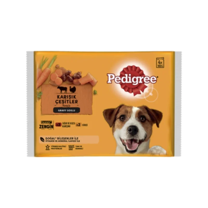 Pedigree Yetişkin Etli Seçim Yaş Mama 4x100g, yetişkin köpekler için lezzetli et parçacıklı ıslak mama paketi