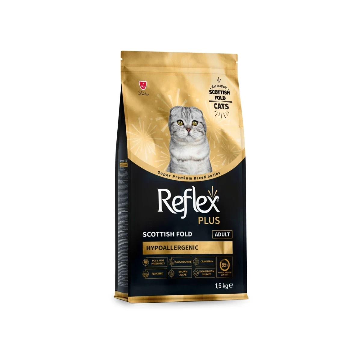 Reflex Plus Scottish Fold Adult 1,5 kg Kedi Reflex Plus Scottish Fold Adult 1,5 kg yetişkin kedi maması paketi