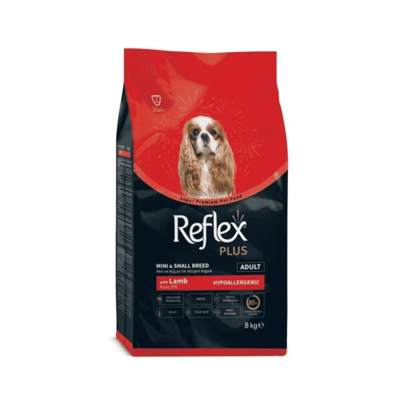 Reflex Plus kuzu etli ve pirinçli mini ve küçük ırk yetişkin köpek maması 8 kg ambalajı
