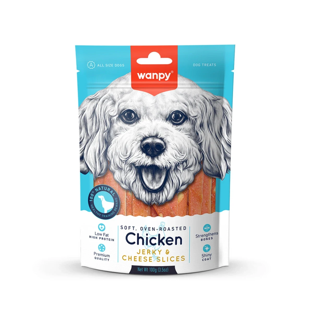 Wanpy Yumuşak Tavuk & Peynir Dilimleri Köpek Ödülü 100 g Köpek Wanpy yumuşak tavuk ve peynir dilimleri köpek ödülü 100g, lezzetli ve sağlıklı atıştırmalık ikram