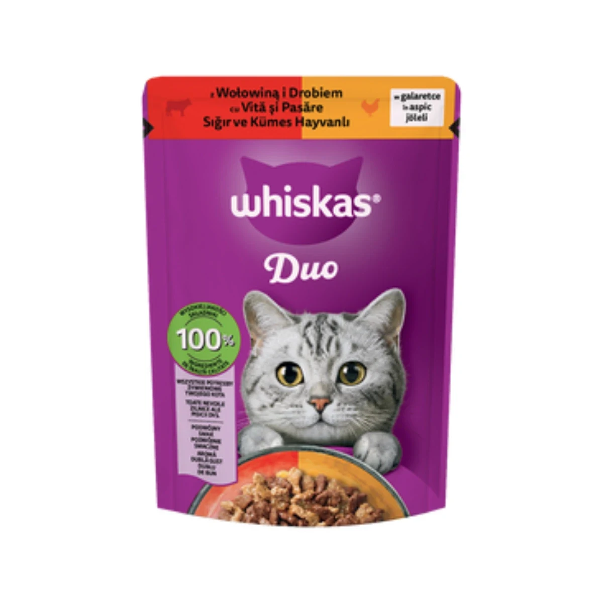 Whiskas Tasty Duo Sığırlı ve Kümes Hayvanlı Poşet Yaş Mama 85 g Kedi Whiskas Tasty Duo sığır ve kümes hayvanlı 85g yaş mama poşeti, kediler için lezzetli ikili kombinasyon