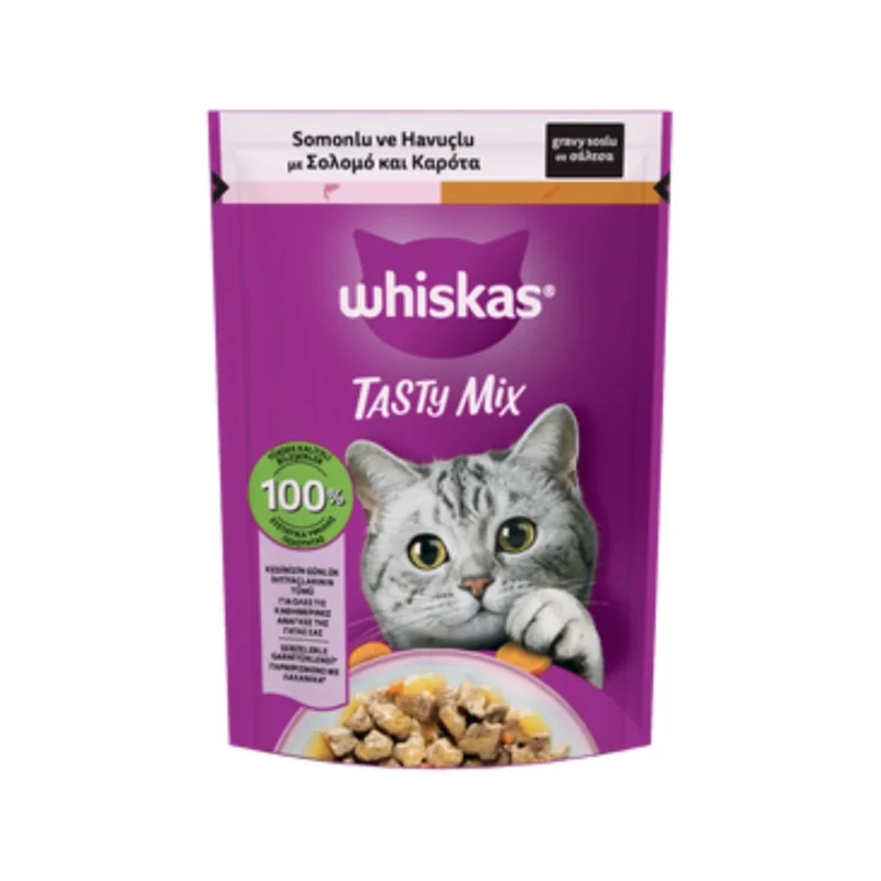 Whiskas Tasty Mix Somonlu ve Havuçlu Poşet Yaş Mama 85 g, yetişkin kediler için lezzetli ıslak mama