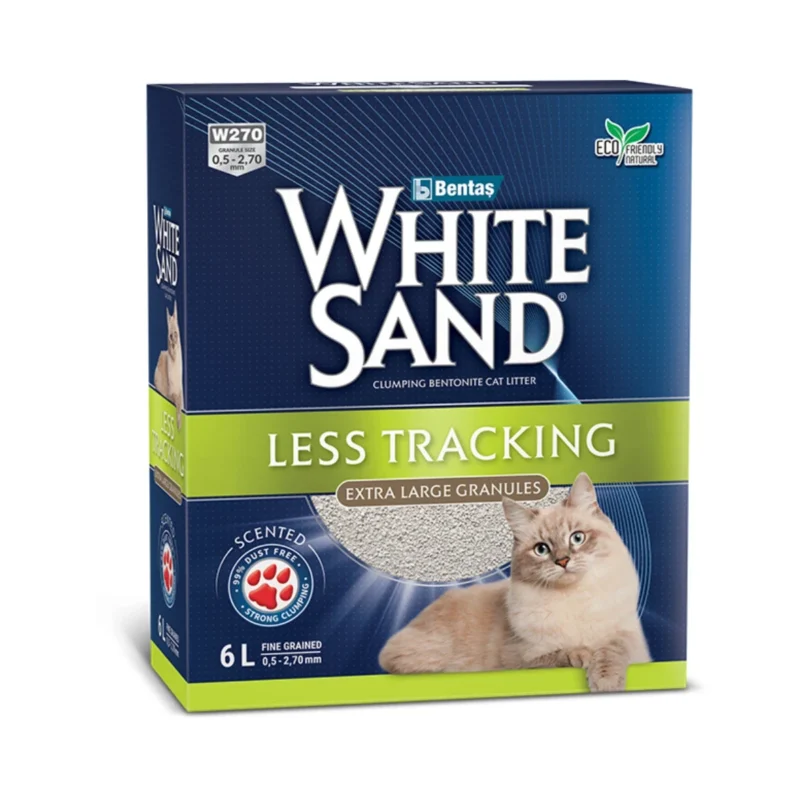 White Sand Less Tracking Extra Large Granules kedi kumu 6 lt, büyük taneli yapısıyla evi temiz tutar.