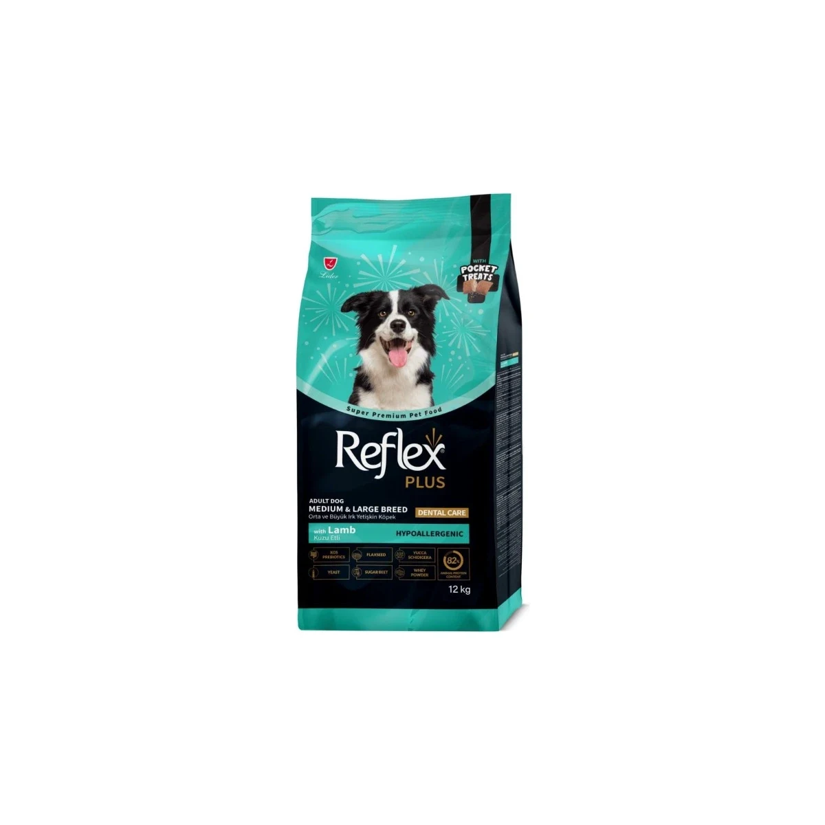 Reflex Plus Pocket Treats Orta ve Büyük Irk Yetişkin Köpek Maması 12 kg Köpek Reflex Plus Pocket Treats orta ve büyük ırk yetişkin köpek maması 12 kg ambalaj görseli