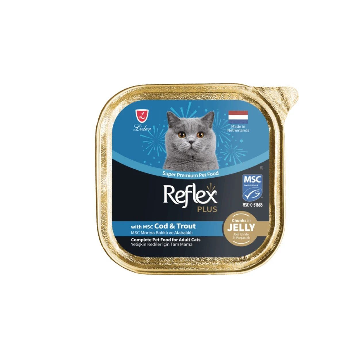 Reflex Plus Jöle İçinde Et Parçacıklı MSC Morina Balıklı ve Alabalıklı Yetişkin Kedi Maması 85 g Kedi Reflex Plus jöle içinde MSC morina balıklı ve alabalıklı yetişkin kedi maması 85 g konserve