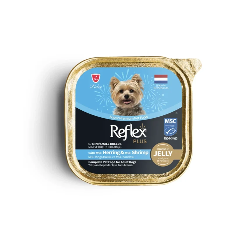 Reflex Plus ringa balıklı karidesli jöleli köpek maması, mini ve küçük ırklar için 85g yetişkin ıslak mama