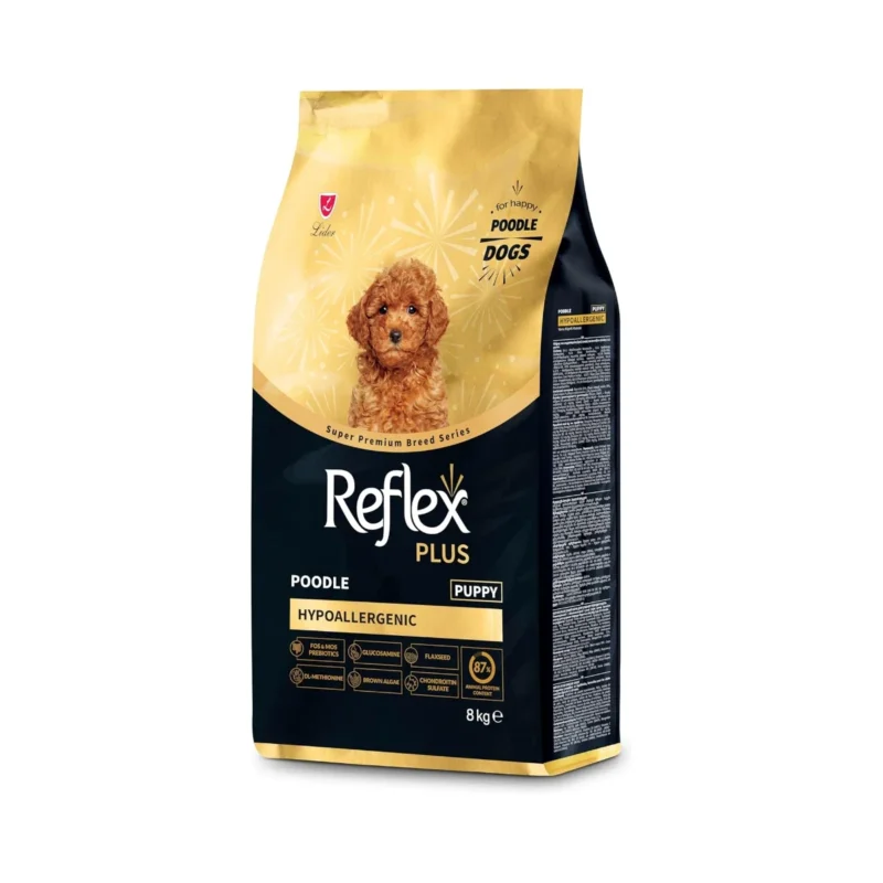 Reflex Plus Poodle Puppy 8 kg köpek maması ambalajının arka yüzü ve besin değerleri tablosu