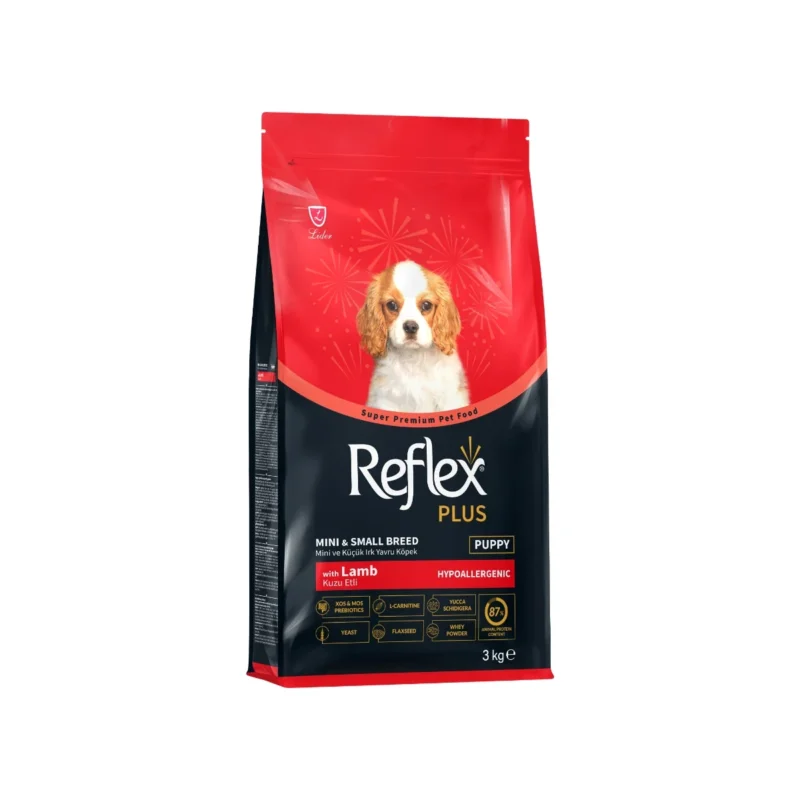 Reflex Plus kuzu etli pirinçli mini küçük ırk yavru köpek maması 3 kg ambalaj görseli