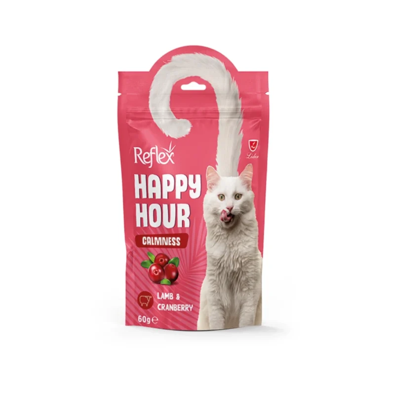 Reflex Happy Hour Calmness kuzulu kızılcıklı sakinleştirici kedi ödül besini 60g, stres azaltıcı doğal içerik