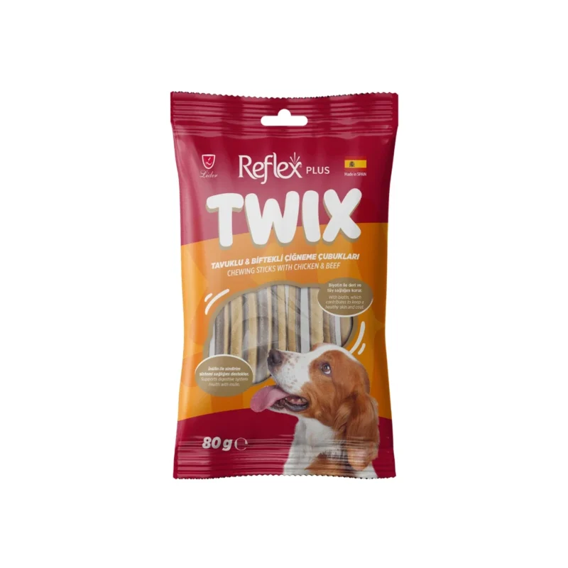 Reflex Plus tavuklu ve biftekli köpek çiğneme çubukları 80g, lezzetli ve besleyici atıştırmalık ikram