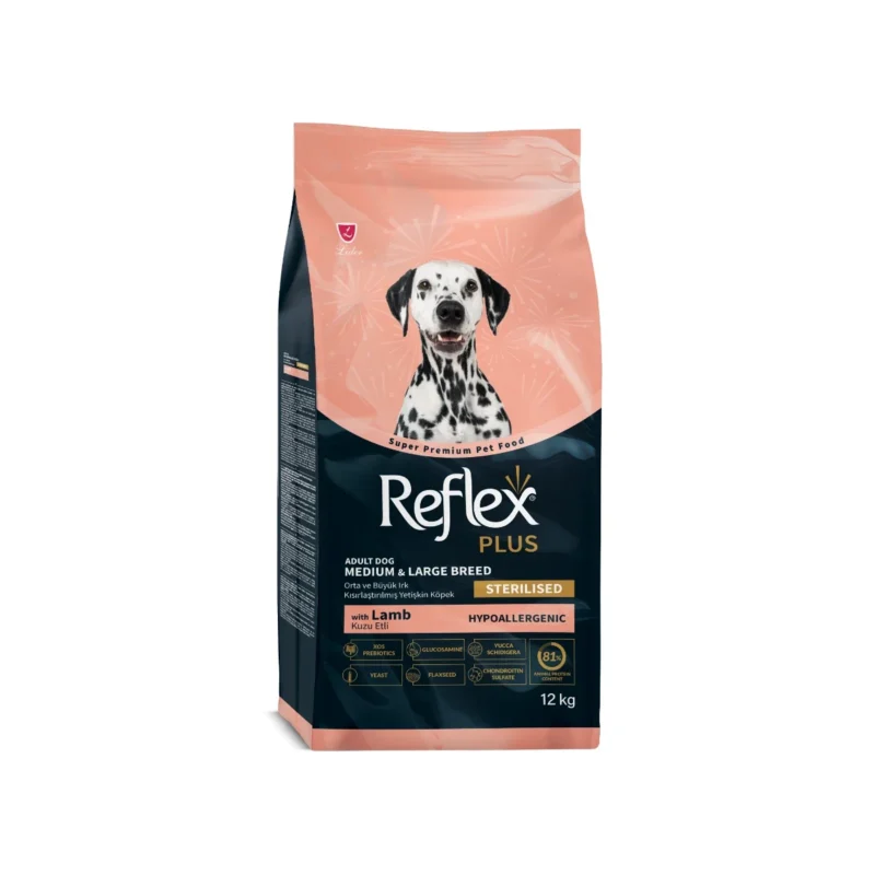 Reflex Plus kuzu etli kısırlaştırılmış orta ve büyük ırk köpek maması 12 kg paket görseli