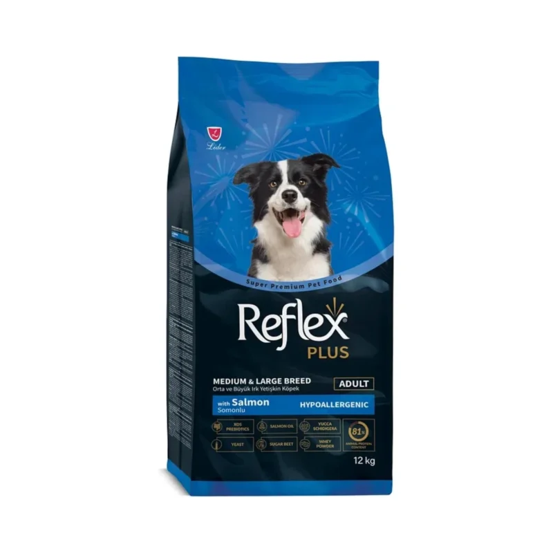 Reflex Plus Somonlu Orta ve Büyük Irk Yetişkin Köpek Maması 12 kg ambalajı