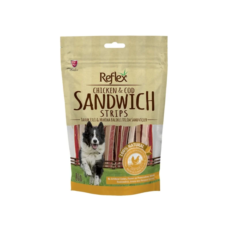 Reflex tavuk etli ve morina balıklı lokma sandviç köpek ödülü 80g, doğal ve lezzetli atıştırmalık ikram