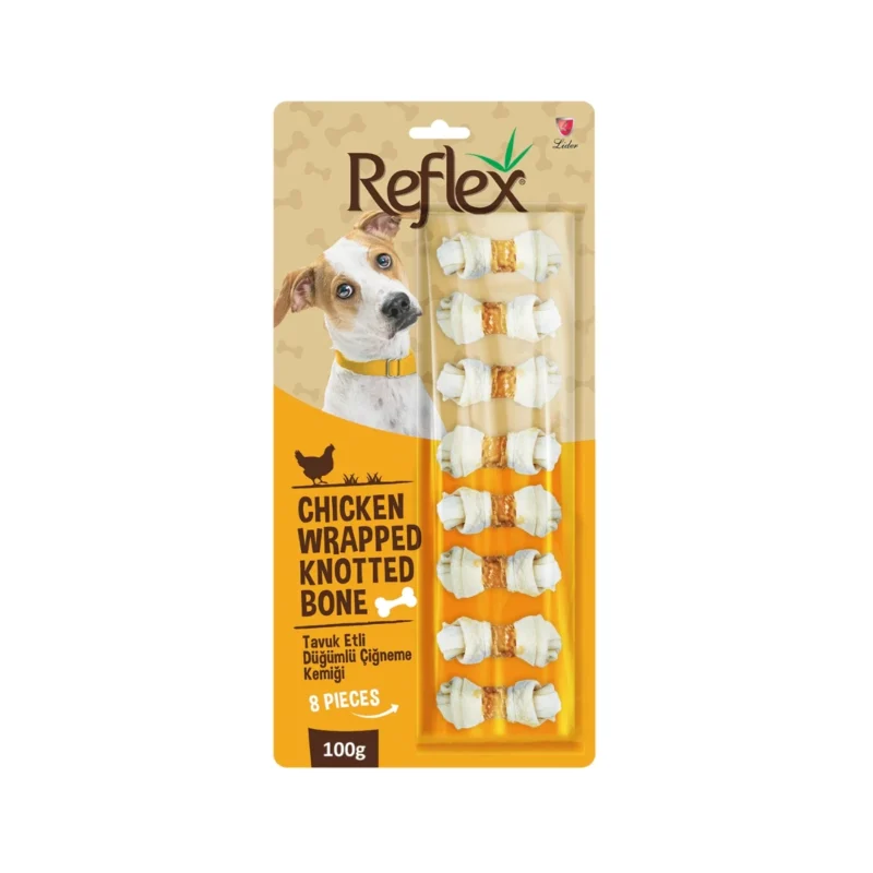 Reflex tavuk etli düğümlü çiğneme kemiği, köpekler için protein içeren diş sağlığını destekleyen 8 parça 100g atıştırmalık.